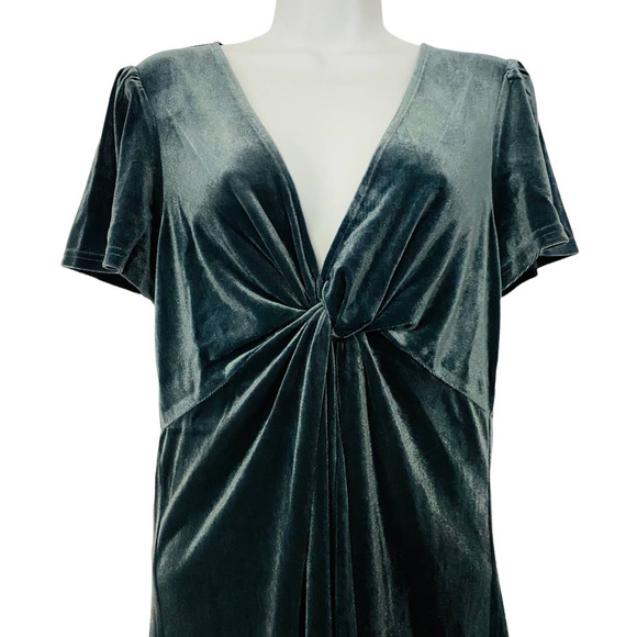 Aqua Blue-Gray Velvet Shimmer Stretch Deep V-Neck Plunge Cocktail Party Dress - Picture 6 of 13